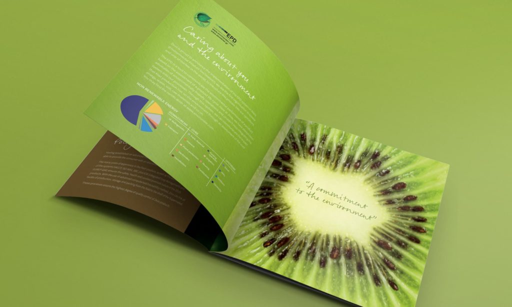 Zeus Kiwi brochure internal spread with infographic design