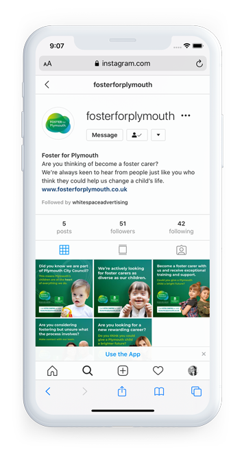Plymouth City Council - Foster for Plymouth Branding Instagram Homepage on mobile