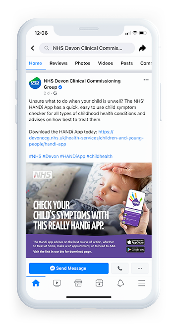 NHS HANDi App social media advert on Facebook on mobile device