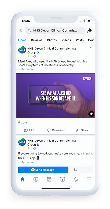 NHS HANDi App social media video advert on Facebook on mobile device