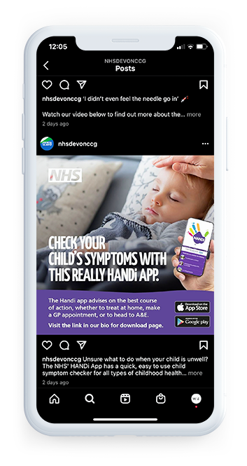 NHS HANDi App social media static advert on mobile device