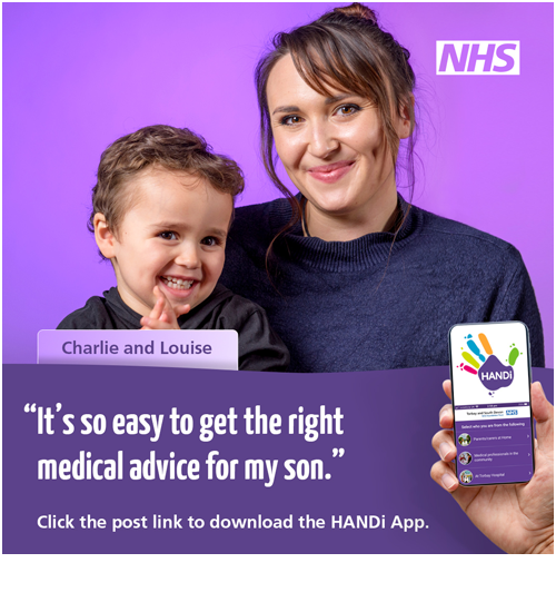 NHS HANDi App promotional social media case study image of Louise and her son